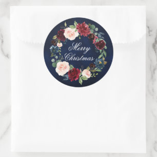 Sticker Rond Watercolor Floral Wreath Joyeux Noël rond