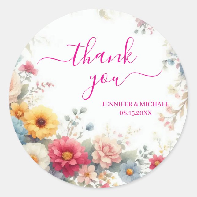 Sticker Rond Watercolor Flowers Handwritten Script Thank You (Devant)
