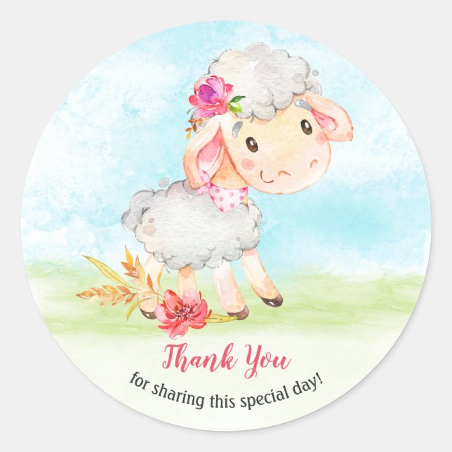 Sticker Rond Watercolor Girl Sheep Farm Merci (Devant)