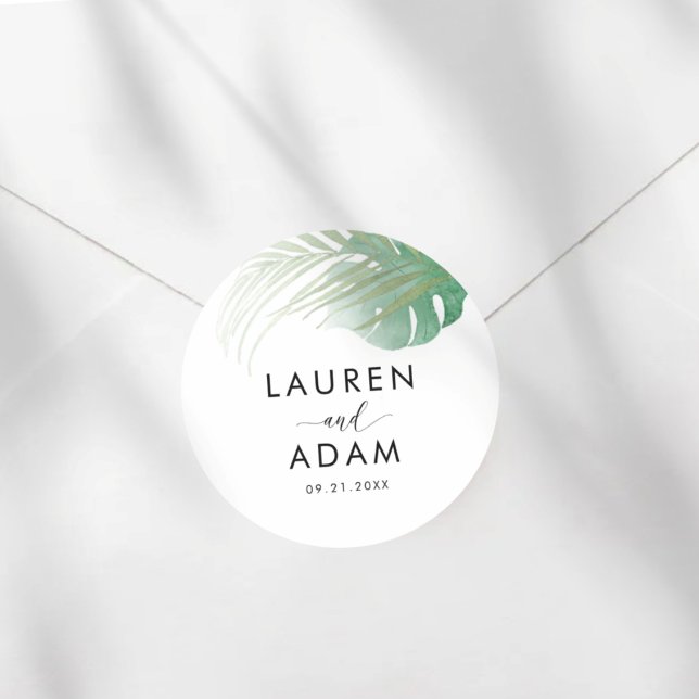Sticker Rond Watercolor Green Palm Leaf Wedding Favor  (Créateur téléchargé)