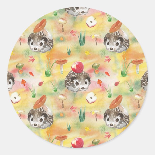 Sticker Rond Watercolor hedgehog with mushrooms and apple (Devant)