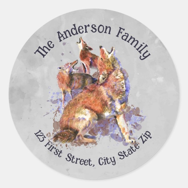 Sticker Rond Watercolor Howling Coyote Pack Animaux animaux sau (Devant)