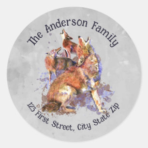 Sticker Rond Watercolor Howling Coyote Pack Animaux animaux sau