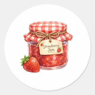 Sticker Rond Watercolor Jar with Fresh Strawberry Fruit Jam