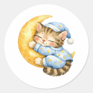 Sticker Rond Watercolor Kitten Sleeping on the Crescent Moon 