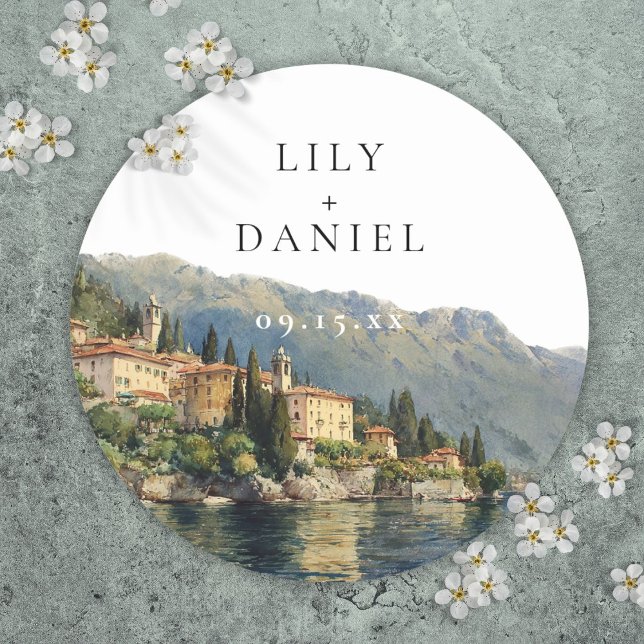 Sticker Rond Watercolor Lake Côme Italie Destination Mariage (Watercolor Lake Como Italy Destination Wedding Classic Round Sticker)