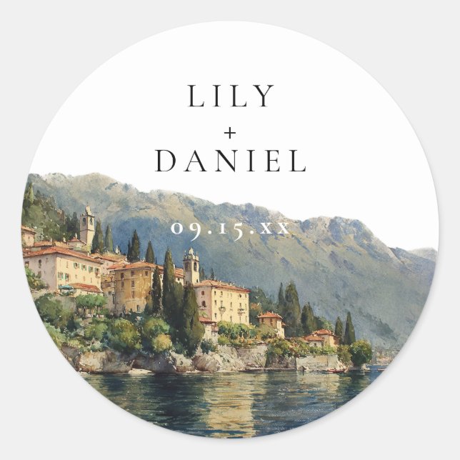 Sticker Rond Watercolor Lake Côme Italie Destination Mariage (Devant)
