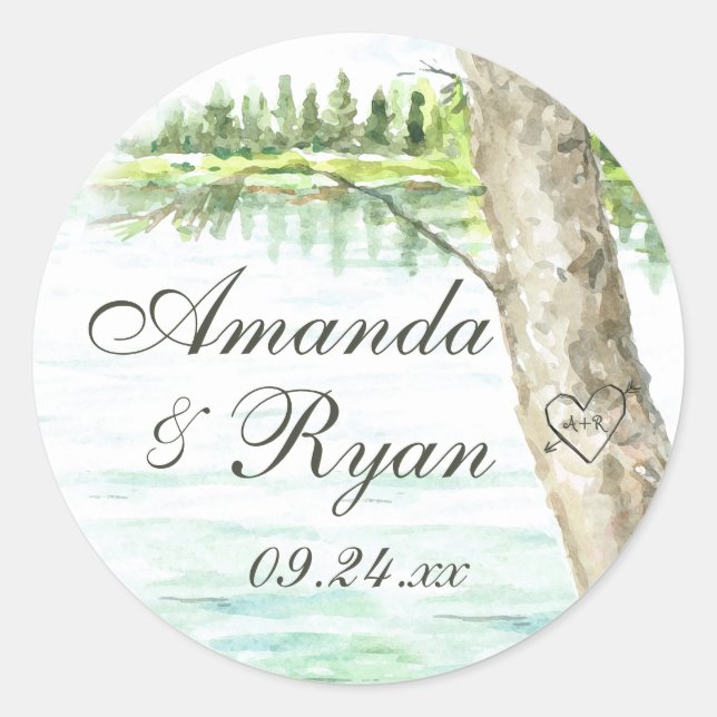 Sticker Rond Watercolor Lake et Carve Tree Heart (Devant)