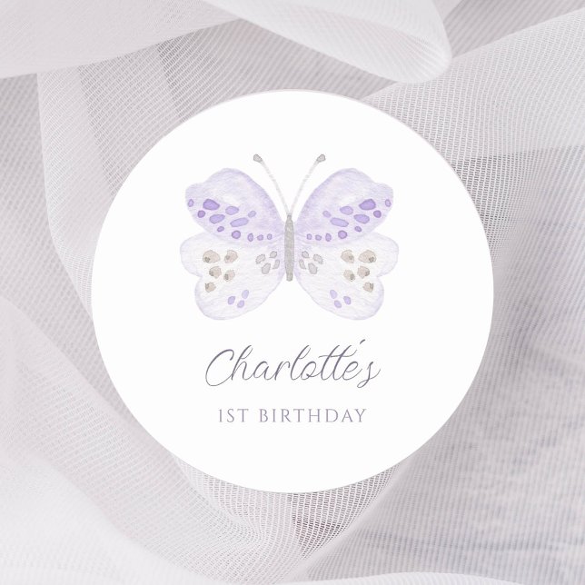 Sticker Rond Watercolor Lavender Butterfly 1st Birthday Party (Créateur téléchargé)