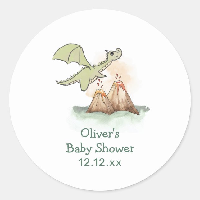 Sticker Rond Watercolor Magic Dragon Mountain Boy Baby shower (Devant)