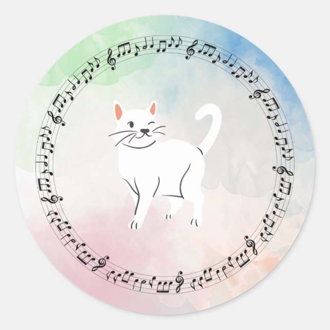 Sticker Rond Watercolor Music Cat (Devant)