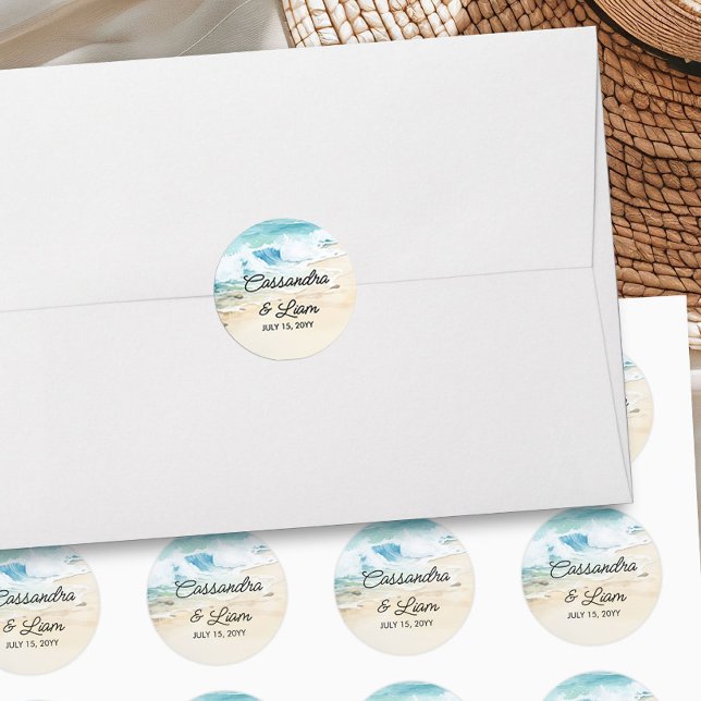 Sticker Rond Watercolor Ocean Sand Beach Mariage à thème (Bride and Groom watercolor stickers from the Summer Beach Wedding Collection by Darling & May)