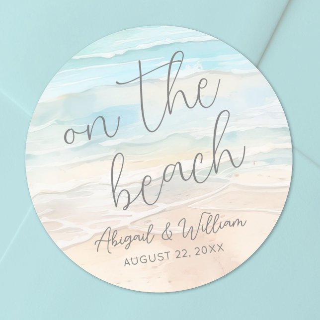 Sticker Rond Watercolor On The Beach Wedding (Watercolor On The Beach Wedding Classic Round Sticker )