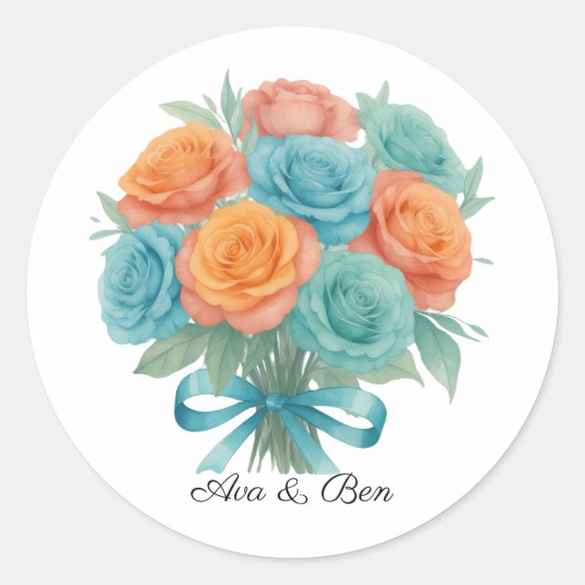 Sticker Rond Watercolor Orange and Teal Roses Wedding (Devant)