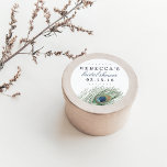 Sticker Rond Watercolor Peacock Feather Bridal Shower<br><div class="desc">A perfect match with our Watercolor Peacock Feather bridal shower suite, these elegant seals are a lovely finishing touch for your invitations or favors. Design features a single watercolor peacock feather with your custom text -- guest of honor's name, event type, and date -- in coordinating midnight blue and indigo...</div>