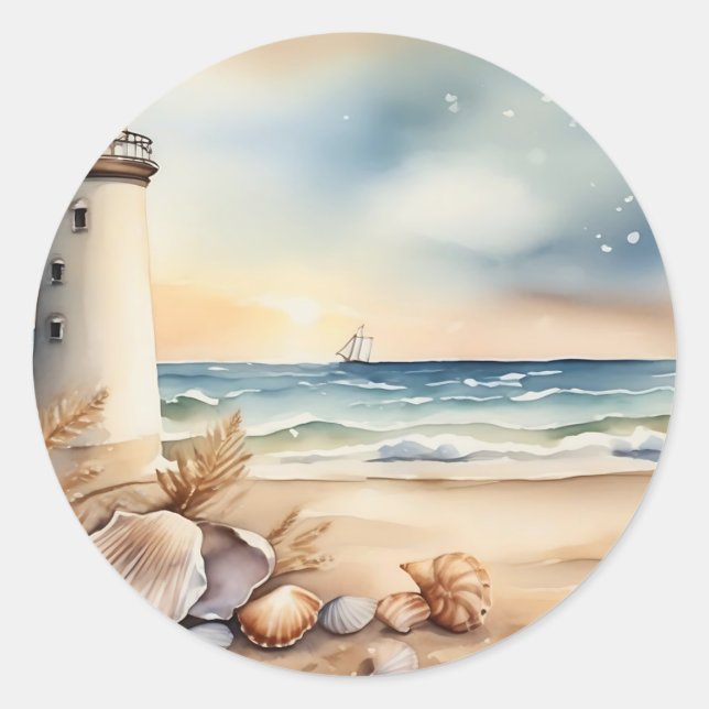 Sticker Rond Watercolor Phare et plage (Devant)