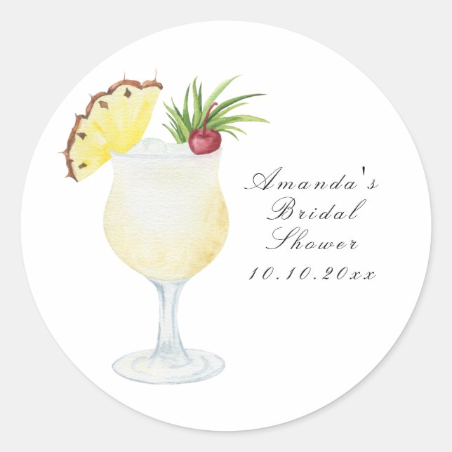 Sticker Rond Watercolor Pina Colada Cocktail Bridal Shower (Devant)
