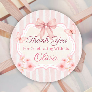 Sticker Rond Watercolor Pink Bow, Flowers & Butterfly Birthday