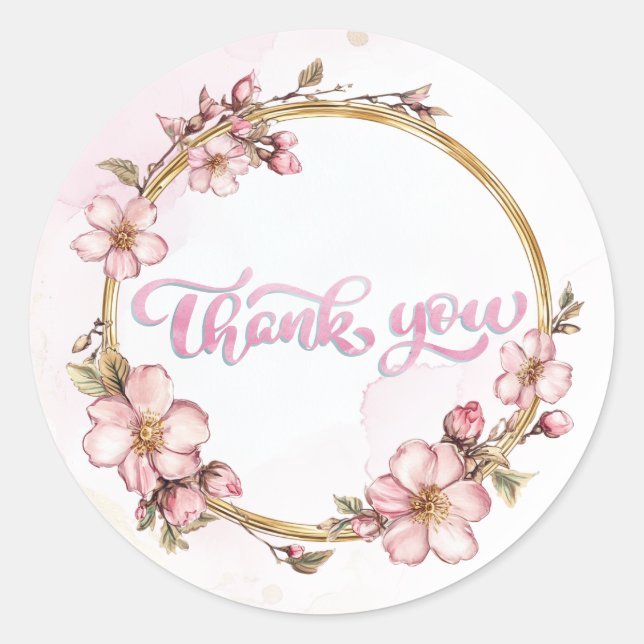 Sticker Rond Watercolor Pink Floral Thank You  (Devant)