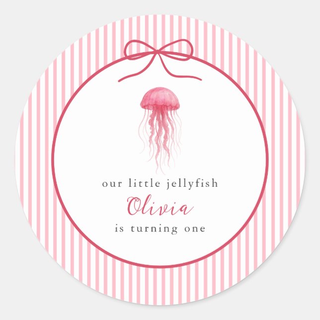 Sticker Rond Watercolor Pink Jellyfish Bow Girl 1st Birthday (Devant)