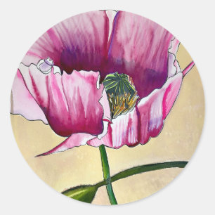 Sticker Rond Watercolor pink poppy art flower