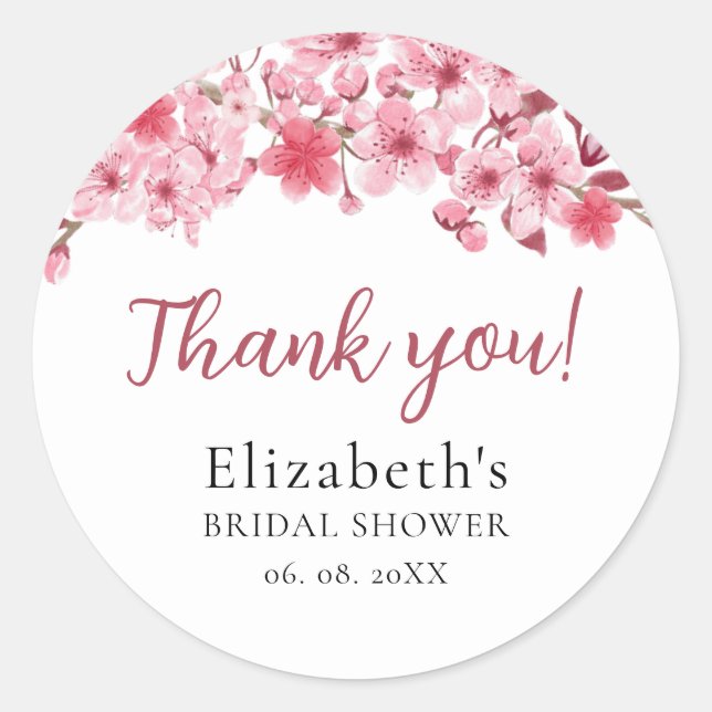 Sticker Rond Watercolor Pink Sakura Flowers, Bridal Shower (Devant)