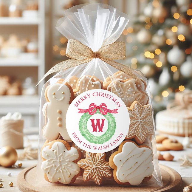 Sticker Rond Watercolor Polka Dot Bow Monogram Wreath (Créateur téléchargé)