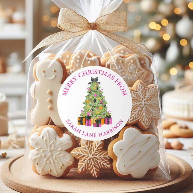 Sticker Rond Watercolor Preppy Bright Christmas Tree Address (Créateur téléchargé)