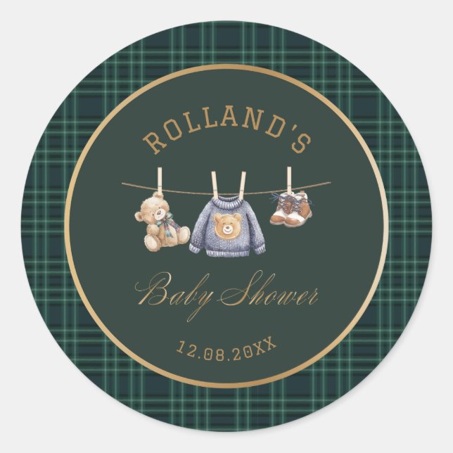Sticker Rond  Watercolor preppy plaid teddy bear baby shower (Devant)