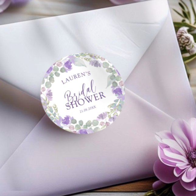 Sticker Rond Watercolor Purple Floral Bridal Shower (Créateur téléchargé)