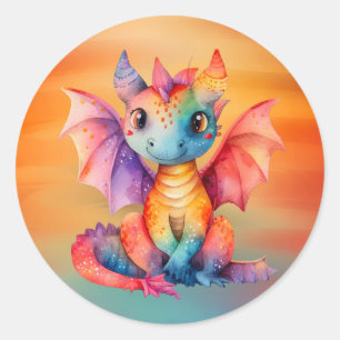Sticker Rond Watercolor Rainbow Dragon Baby shower