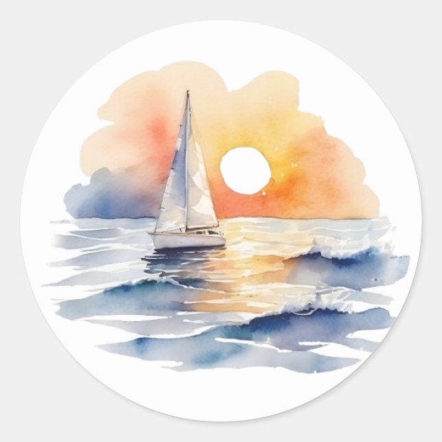 Sticker Rond Watercolor Sailboat Sunset Seascape Wedding Favori (Devant)