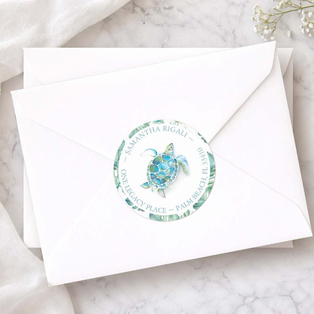 Sticker Rond Watercolor Sea Turtle Beach Adresse de retour (Round sea turtle return address labels designed with hand painted tropical watercolor art)