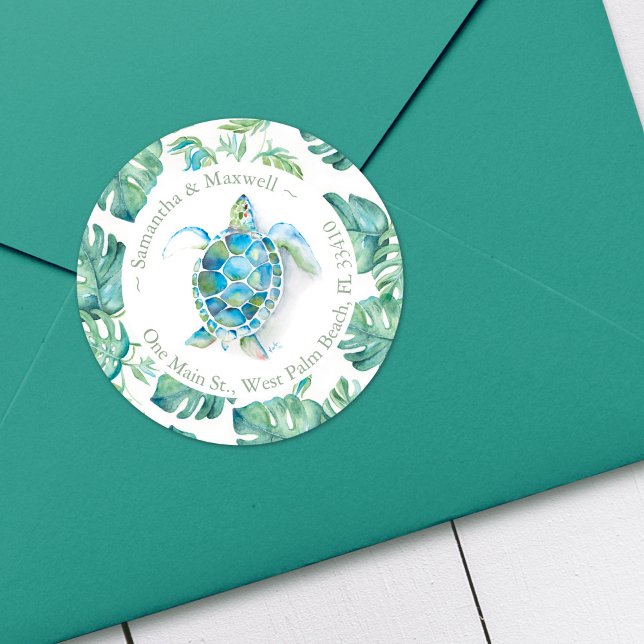 Sticker Rond Watercolor Sea Turtle & Greenery Adresse de retour (Return address labels beach watercolor sea turtle art by Victoria Grigaliunas of Do Tell A Belle)