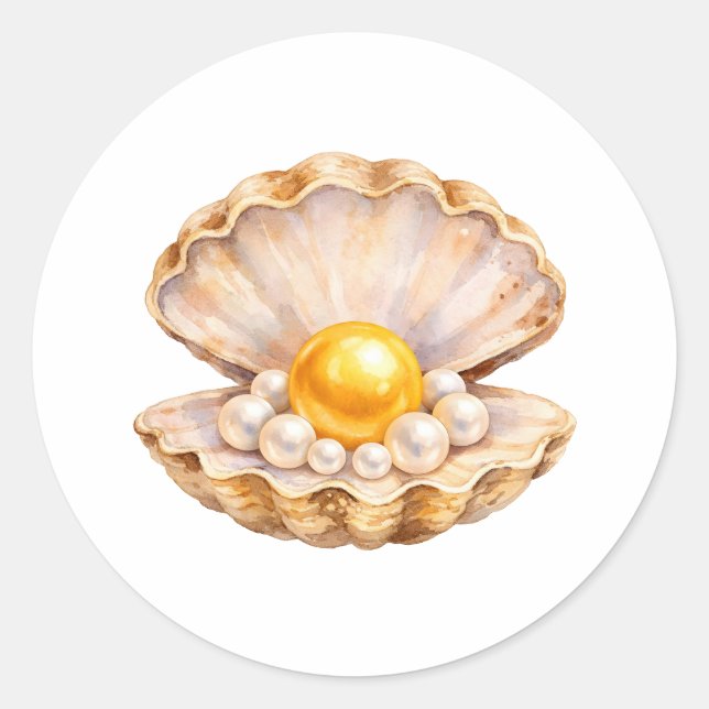 Sticker Rond Watercolor Seashell with Golden and White Pearls  (Devant)