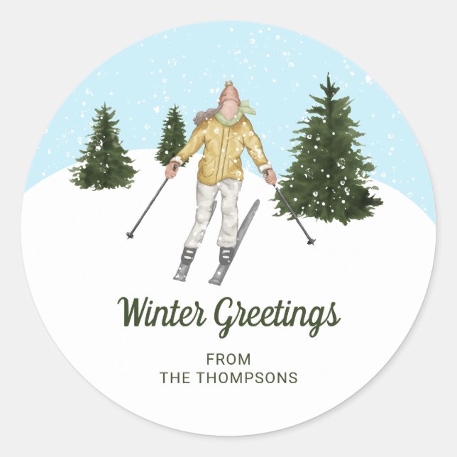 Sticker Rond Watercolor Skier Girl Custom Winter Greetings Text (Devant)