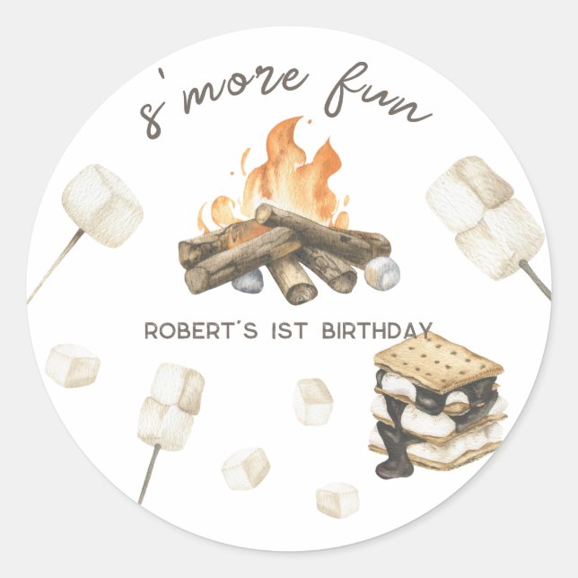 Sticker Rond Watercolor S'more Camping Fire 1er anniversaire (Devant)