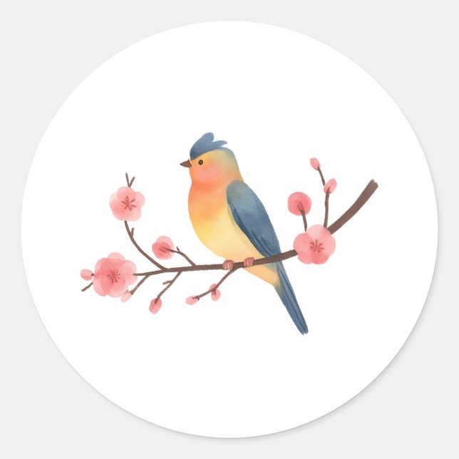 Sticker Rond Watercolor Songbird on Pink Cherry Blossom Branch  (Devant)