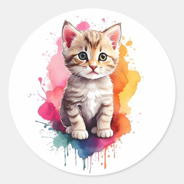 Sticker Rond Watercolor Splash Art Kitty Chat Splatter Peinture (Devant)