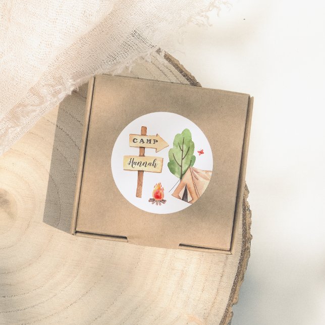 Sticker Rond Watercolor Summer Camping Girls Birthday Party (Créateur téléchargé)