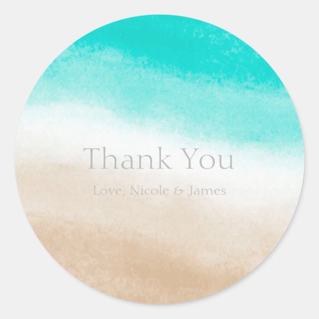 Sticker Rond Watercolor Turquoise & Tan Subtle Beach Mariage (Devant)