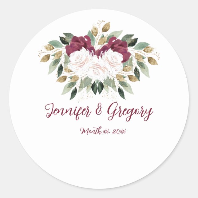 Sticker Rond Watercolor White Roses Wedding Cranberry Flowers (Devant)