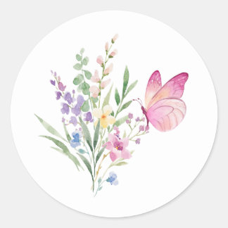 Sticker Rond Watercolor Wildflower Bouquet with Pink Butterfly