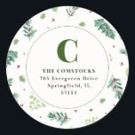 Sticker Rond Watercolor Winter Foliing Christmas Retours Adress<br><div class="desc">Cette élégante étiquette d'adresse de retour de Noël comprend un motif de feuillage d'hiver peint à la main et un monogramme - parfait pour sceller vos enveloppes de cartes de Noël ou des invitations à des fêtes de fin d'année! Customisez-le avec votre adresse de retour ou changez la couleur pour...</div>