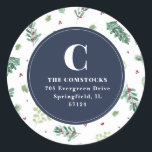 Sticker Rond Watercolor Winter Foliing Christmas Retours Adress<br><div class="desc">Cette élégante étiquette d'adresse de retour de Noël comprend un motif de feuillage d'hiver peint à la main et un monogramme - parfait pour sceller vos enveloppes de cartes de Noël ou des invitations à des fêtes de fin d'année! Customisez-le avec votre adresse de retour ou changez la couleur pour...</div>