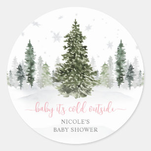 Sticker Rond Watercolor Winter Forest Baby shower rose