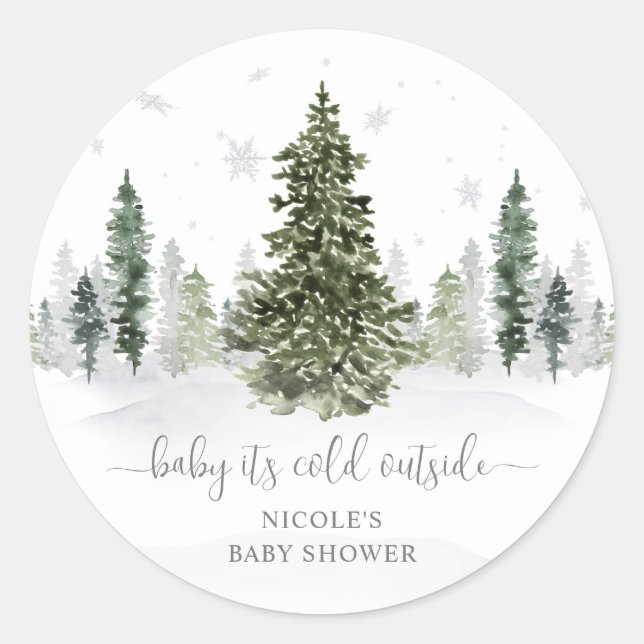 Sticker Rond Watercolor Winter Forest Grey Baby shower (Devant)