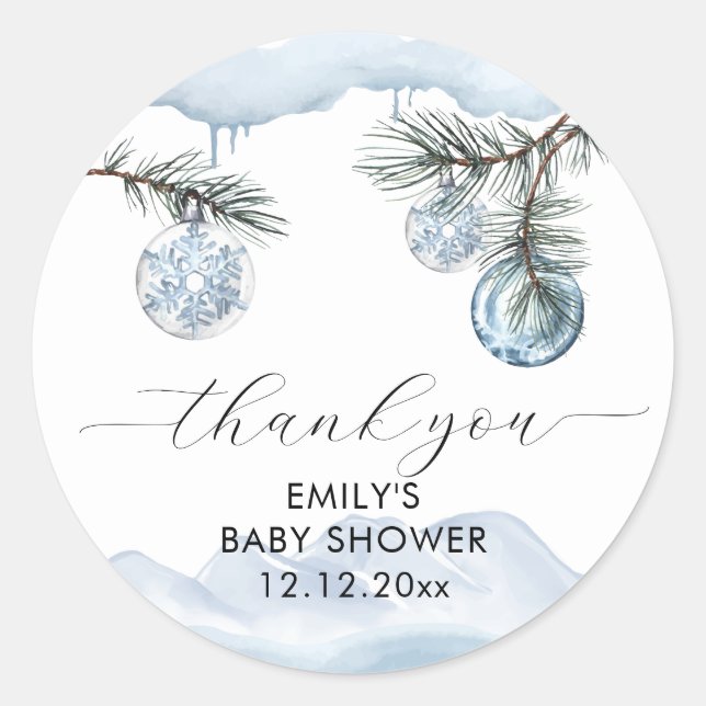 Sticker Rond Watercolor Winter Mountain Snowflake Baby Shower  (Devant)