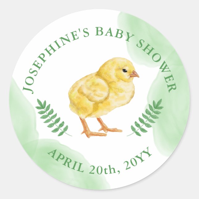 Sticker Rond Watercolor Yellow Chick With Green Baby Shower (Devant)