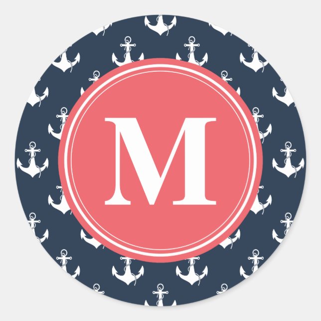 Sticker Rond Watermelon Monogrammed Marine Blue Ancre Motif (Devant)